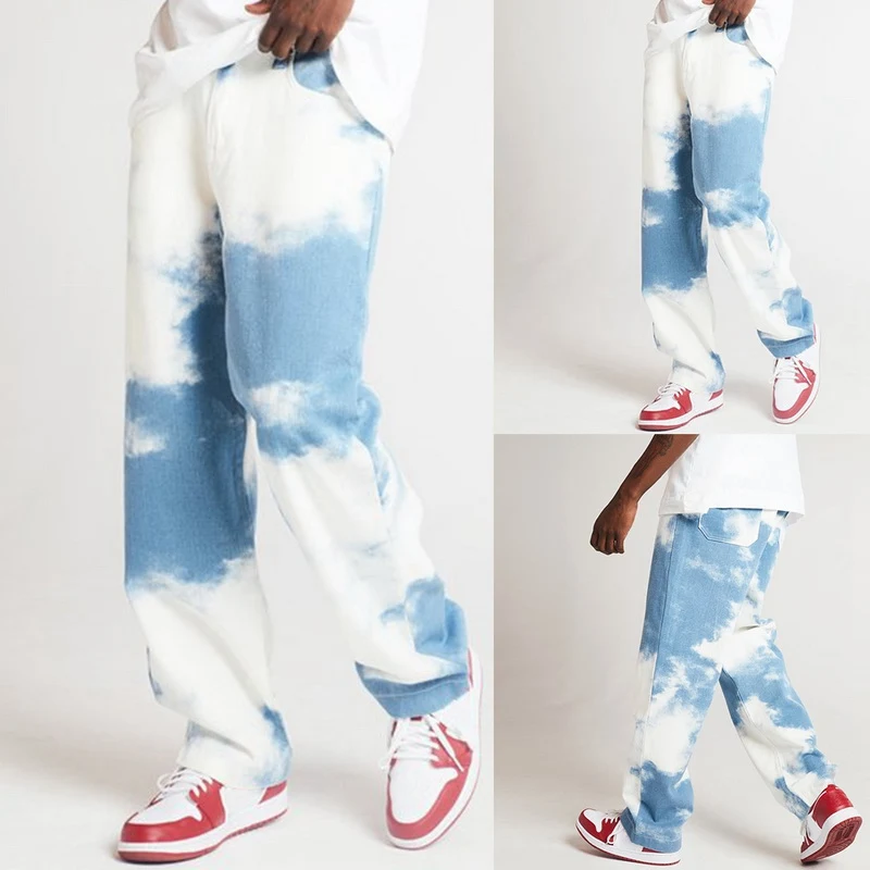 

Laamei Men Hip Jeans Casual Loose Straight Denim Pants Tie Dye Print Sky Blue Long Trouser Straight Tie Dye Harajuku Male Pants