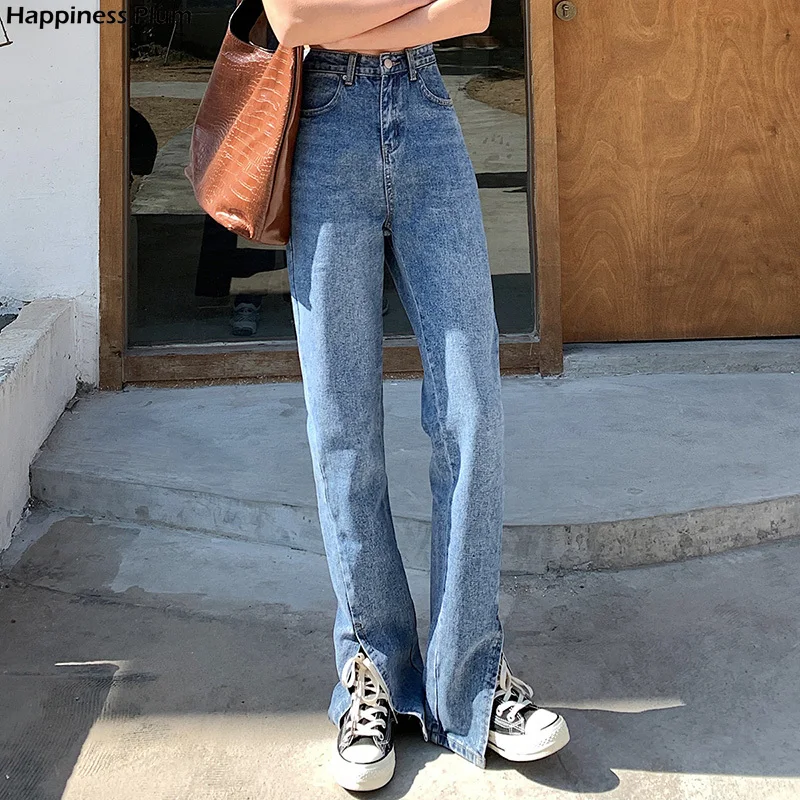 

Flare Jeans Women Denim Pants High Waisted Slit Leg Vintage Streetwear Bell Bottom Fashion Clothes Cut Out Full Length