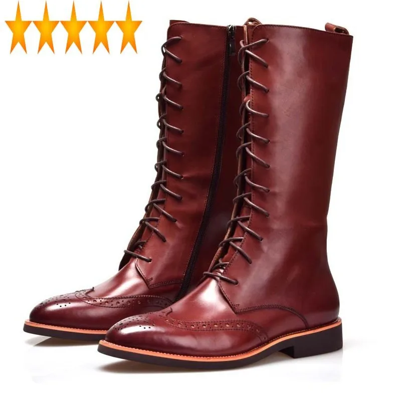 

Men British Style Pointed Toe Knee High Luxury Brand Genuine Leather Winter Long Booties Black Lace Up Boots 38-44