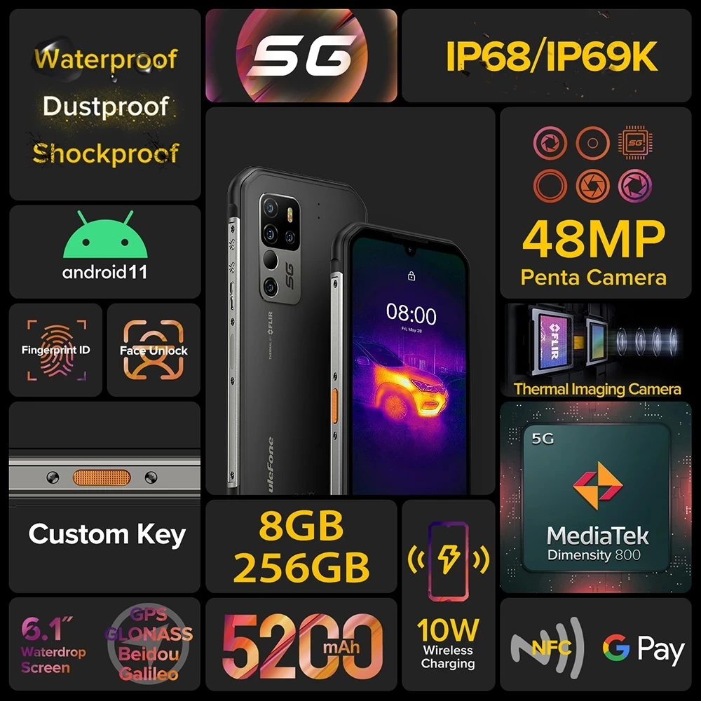 ulefone armor 11t 5g rugged smartphone flir® thermal imaging camera 8gb 256gb 6 1 android 11 mobile phone support otg nfc free global shipping