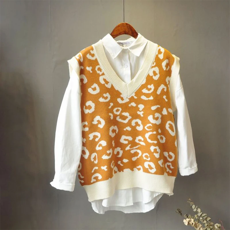 Женский трикотажный жилет без рукавов Леопардовый свитер большого размера с V