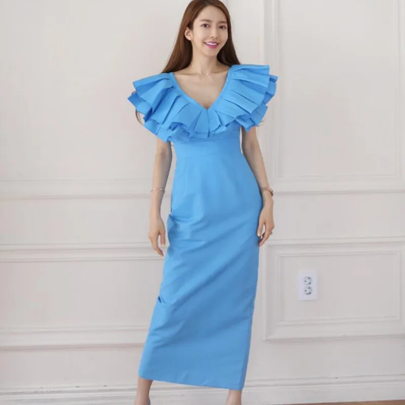 

ZAWFL Summer Ruffle Sleeveless V-Neck Solid Long Maxi Dress Elegant Party Club Dresses Casual Loose Pleated Vestido De Mujer