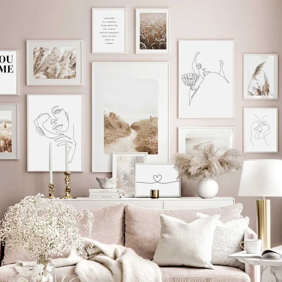 

Nordic Posters And Prints Wall Picture Beach Reed Wheat Line Love Kiss Girl Face Wall Art Canvas Painting Living Room Decoration
