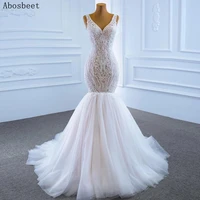 2021 beading embroidery lace mermaid wedding dress elegant white bridal gown small train lace up back sleeveless