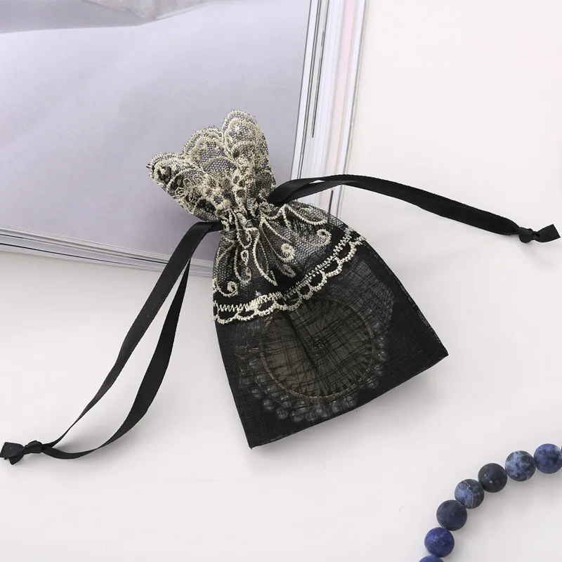 

6/12/24PCS Black Gold Flower Lace Bag 10x14cm Ornaments Receive Gift Bag Polyester Drawstring Mouth Jewelry Bag Wedding Candy