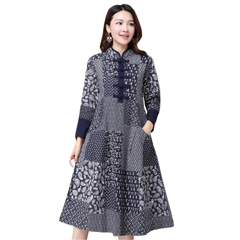 Осеннее элегантное удобное женское платье большого размера свободное хлопковое