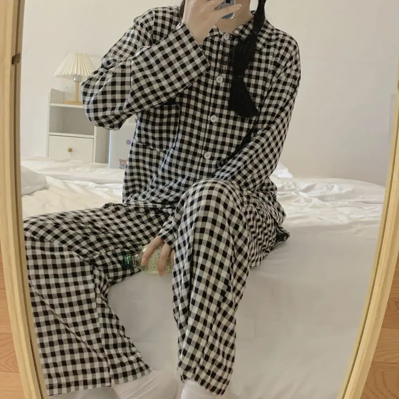 QWEEK Plaid Pajamas for Women Japanese Brief Set 2 Piece Roomwear Autumn Pijamas Black Sleepwear Long Sleeve Pyjamas Loungewear