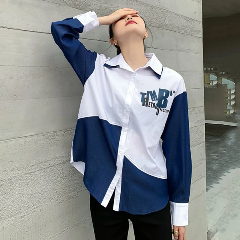 

LANMREM Patchwork Blouse for Women Long Sleeves Irregular Shirt Loose Tops Turtleneck 2021 Spring Autumn New Arrivals 2A3307