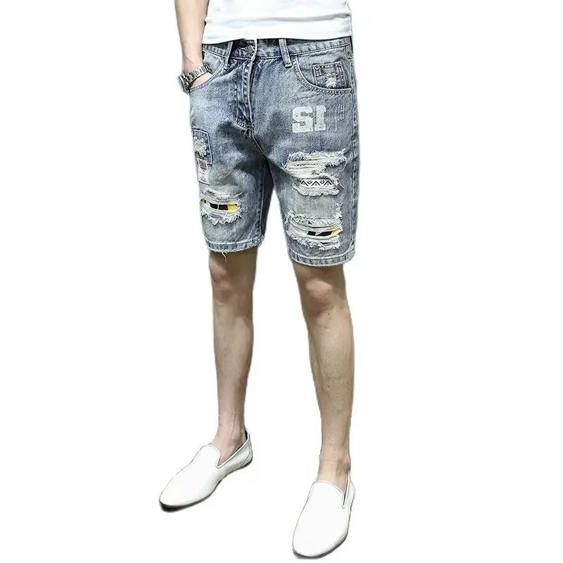 

Джинсовые мужские шорты, уличная одежда, рваные брюки в стиле хип-хоп с дырками, Молодежный стилист для волос, модные индивидуальные шорты с ...