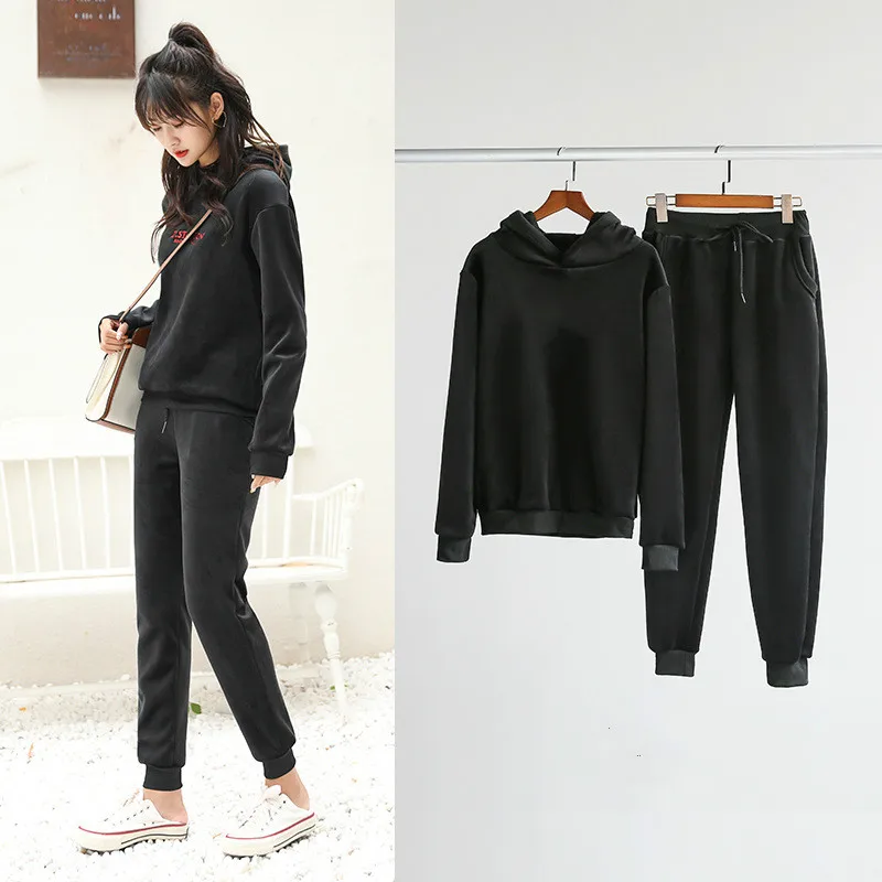 black set Зимний спортивный костюм из 2 предметов, женский черный бархатный свитер, женский спортивный пуловер, женский спортивный комплект, спортивный костюм для женщин, толстовка - Цвет: black set