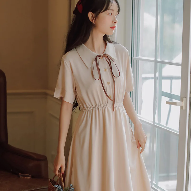 

Sweet Retro Dress Female Summer New Style First Love Gentle Platycodon Long A-line Skirt Apricot Light Green Polo Collar