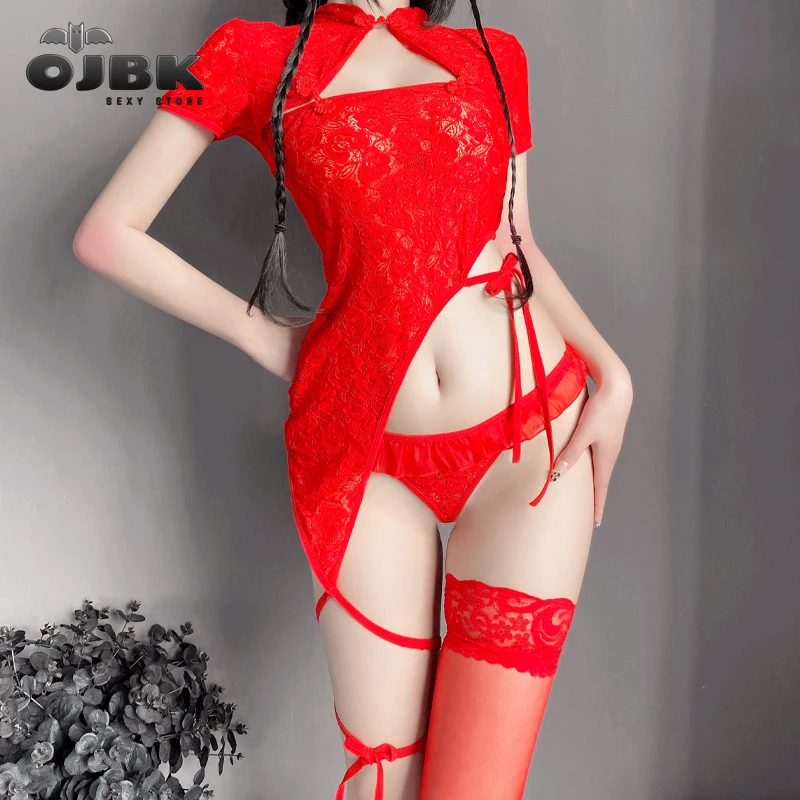 

OJBK Sexy Lingerie Temptation Cheongsam Suit Chinese Qipao Uniform Lace Perspective Hollow out Charming Nightgowns Mini Dress