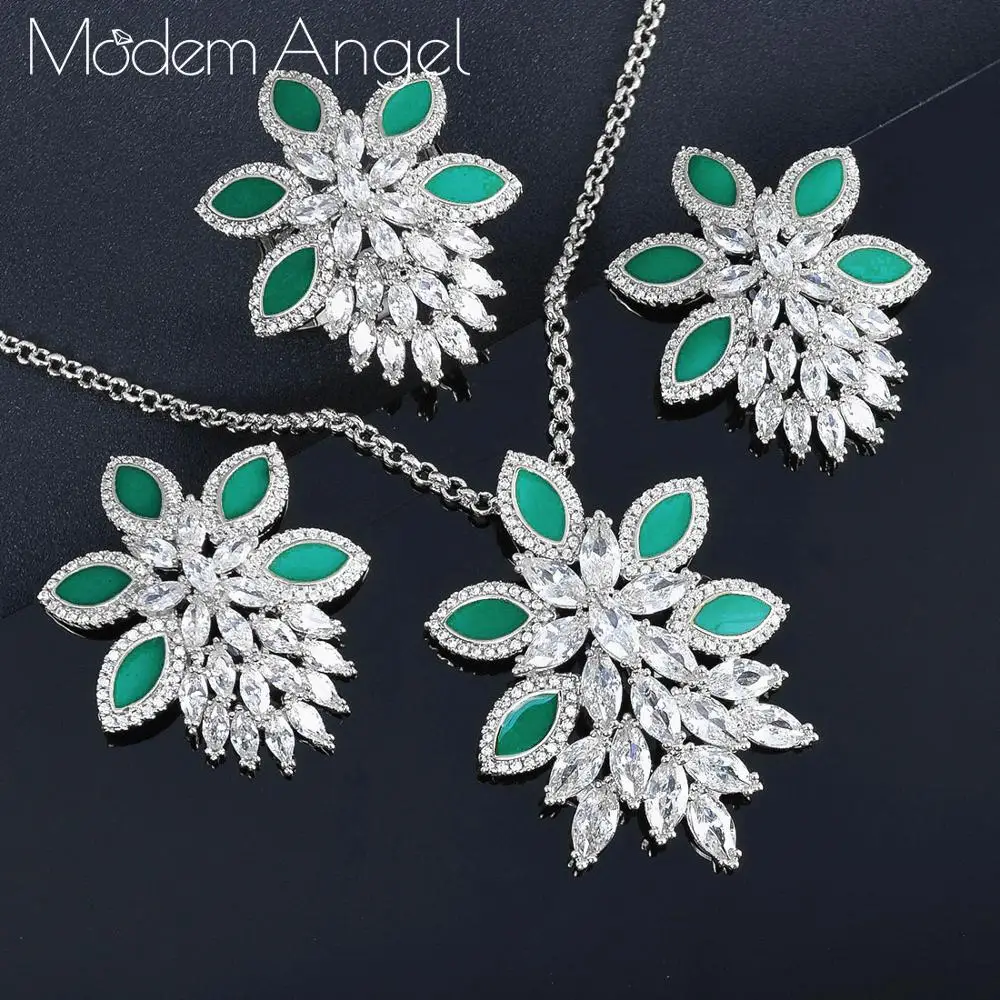 

ModemAngel Luxury Trendy Flower Full Cubic Zircon Copper Necklace Earring Jewelry Set For Dubai Women High Quality Jewelry