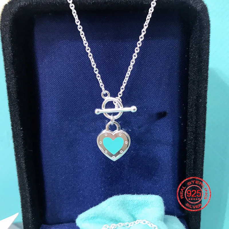 

925 Silver Enamel Blue Heart Necklace/1:1 Original Classic Popular Necklace/ot Buckle/unforgettable Lady Necklace, Gift