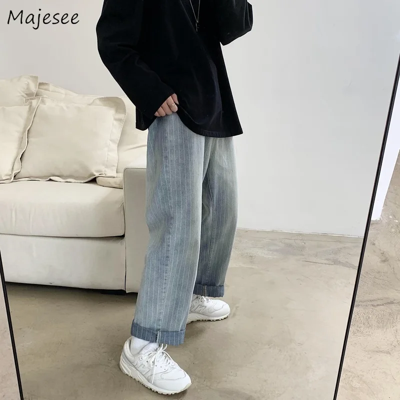 

Men Jeans Striped Loose Chic Denim Straight Teens Leisure Trendy Retro Stretchy Harajuku Punk Cool All-match Male Baggy Trousers