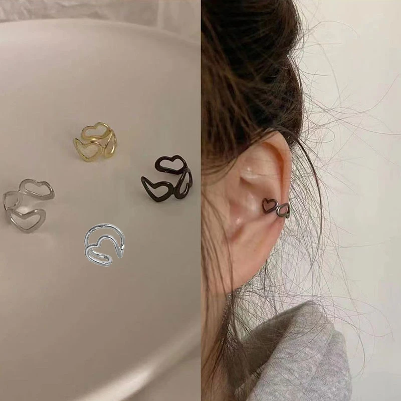 

2021 Korea Silver Color metal Geometric Heart Ear Cuff Loving Ear Bone Clip Solid Color Ear Clip Jewelry Temperament Ear Clip
