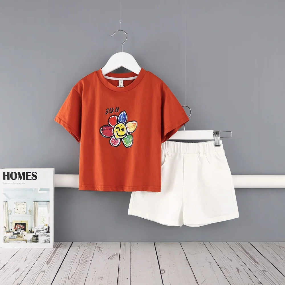 

Midoo Fairy 2021 Summer Girls Kids Children's Set Cute Sun Flower Print O-Neck Top T-Shirt + Denim Jean Short Casual Clothes