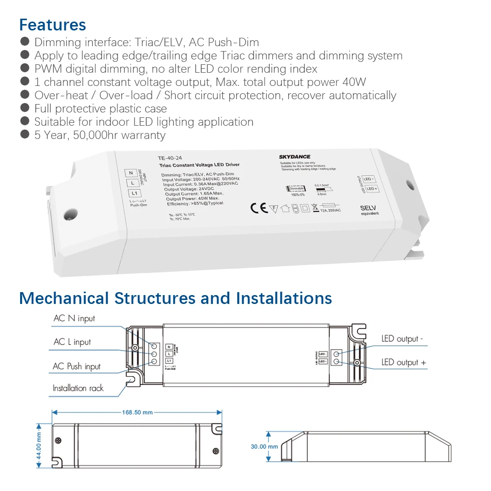 Triac LED драйвер диммируемый постоянного напряжения 1CH 40W AC 220V на DC 12V 24V ШИМ цифровое затемнение для световой ленты.