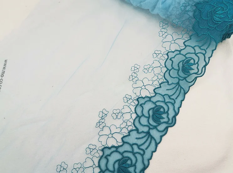 Кружевная отделка с цветочной вышивкой 1 метр сине зеленая ручная работа тюль