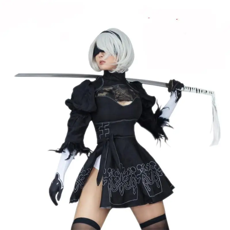

Chinese Size Nier Automata Yorha 2B Cosplay Suit Anime Women Outfit Disguise Costume Set Fancy Halloween Girls Party Black Dress