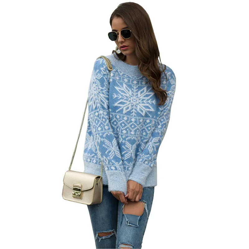 

2021 Autumn Winter New Ugly Christmas Jumper Sweaters Women's Cross Border Snowflake Pullover Sweaters Tops