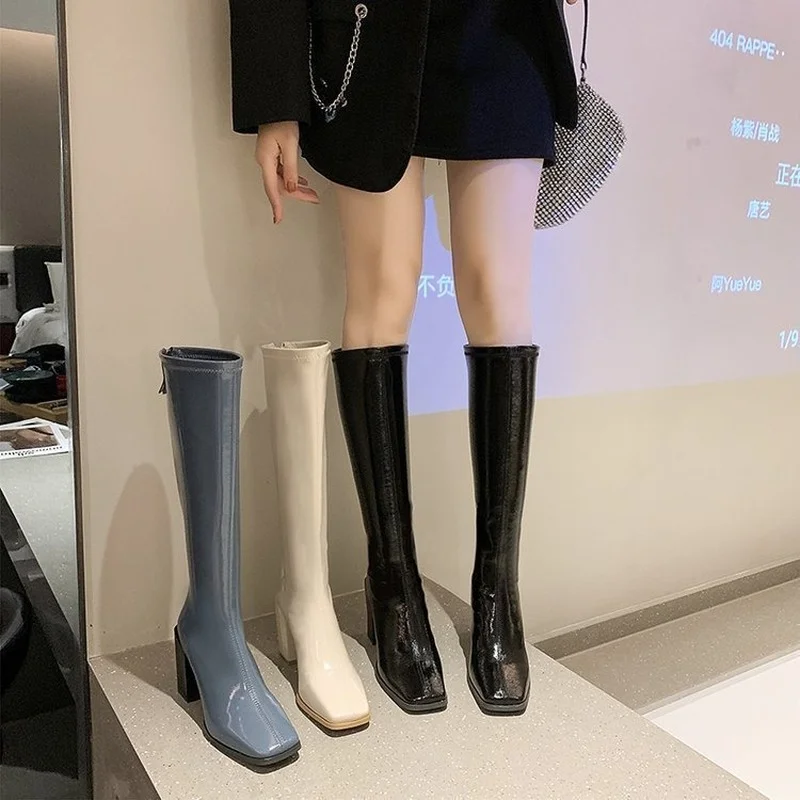 

Patent leather boots women autumn and winter new style 2021 temperament thick heel square toe and cotton back zipper high boots
