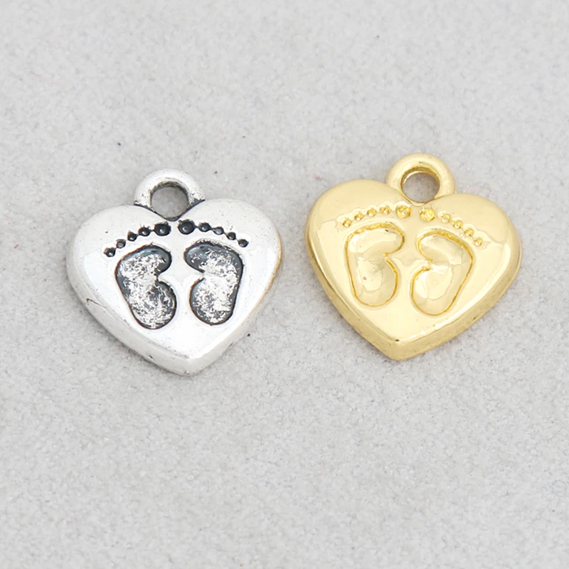 

HAEQISFashion Mother's Day Gifts Single Side Heart Alloy Baby Feet Pattern exquisite Pendant Charms 13*14mm 50pcs AAC099