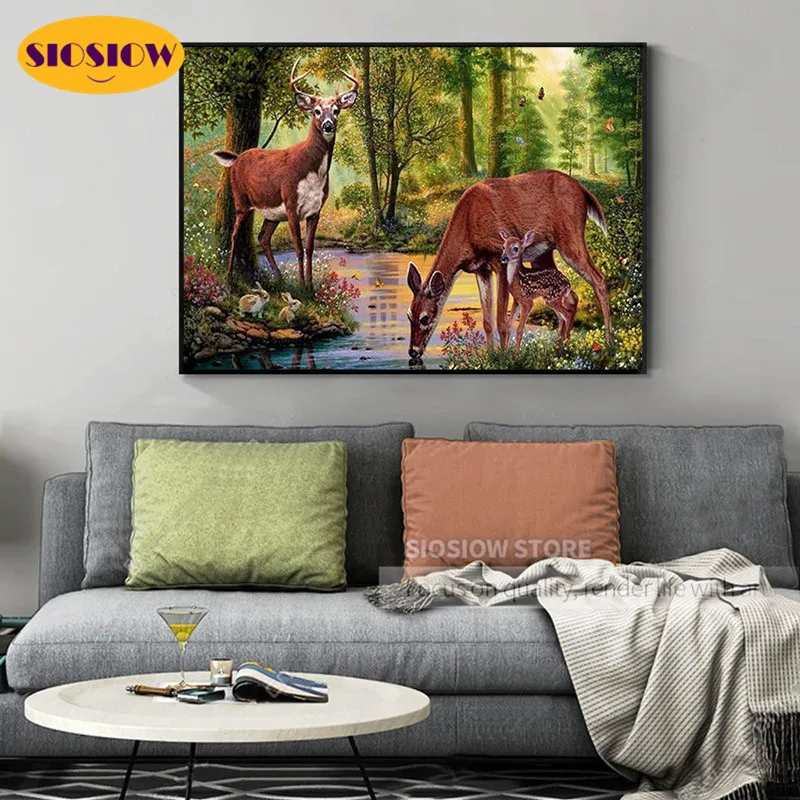5D алмазная живопись сделай сам олень семейный лес пейзаж полная выкладка
