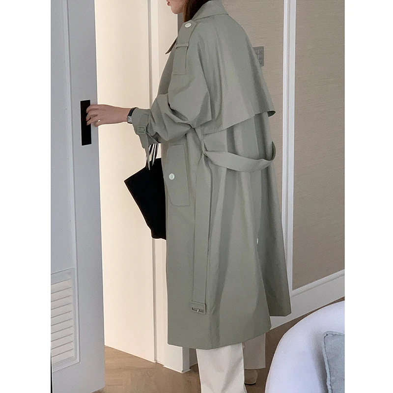 

2021 Spring Autumn Womens New Classic Casual Turn-down Collar Double-breasted Trench Coat Button Solid Long Female Windbreake