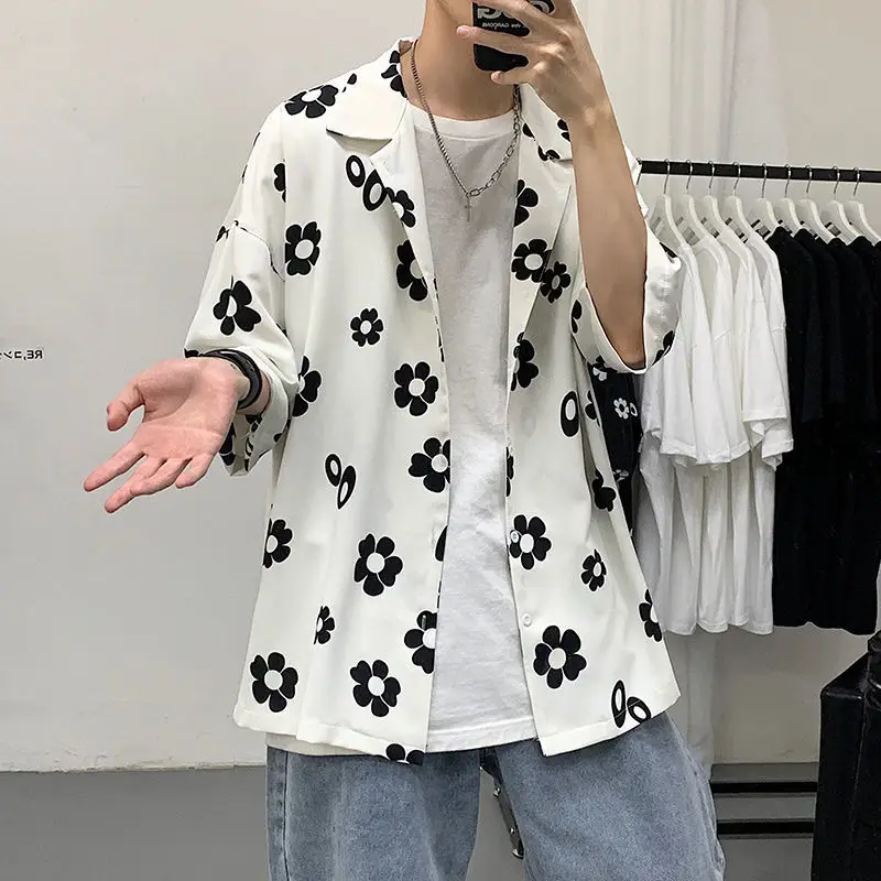

Flower Shirt Men's Fashion Printed Casual Shirt Men Streetwear Korean Loose Short-sleeved Shirt Mens Summer Hawaiian Shirt M-5XL