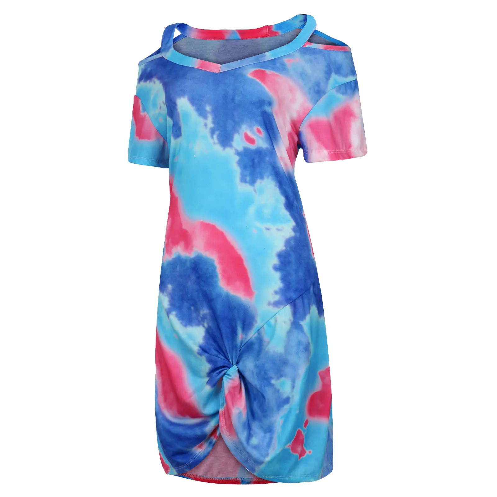 

Summer Dress Woman Fashion Tie-Dyed Printed Short Sleeve V-neck Loose Casual Mini Dresses 2021 Plus Size Ladies Clothes