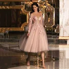 Женское вечернее платье-трапеция из тюля с длинными рукавами, кружевной аппликацией, длиной до колена, платье для выпускного вечера