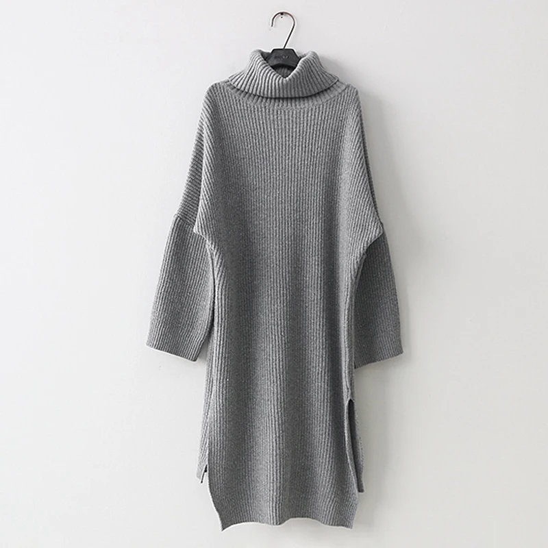 Женское вязаное платье свитер с высоким воротником повседневное длинное