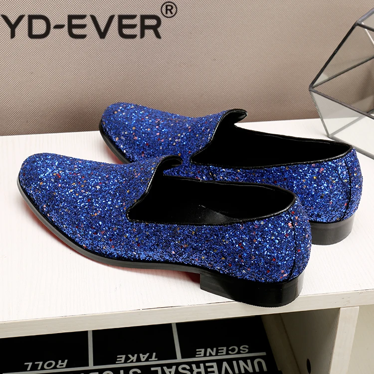 British blue hidden heel shoes for men solid slip-on dress wedding loafers causal velvet slippers glitter genuine leather brogue | Обувь