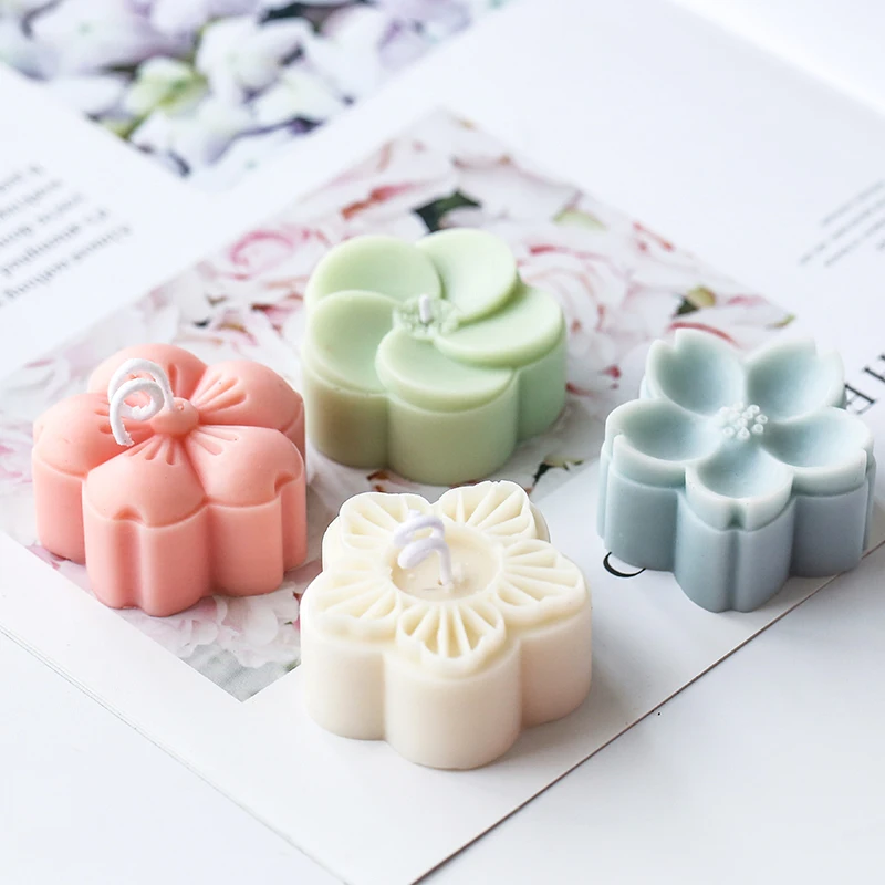 

New Four Holes 3D Flower Wax Candle Mold Gypsum Plaster Craft Silicone Mould Sakura Flowers Mini Candle Soap Molds