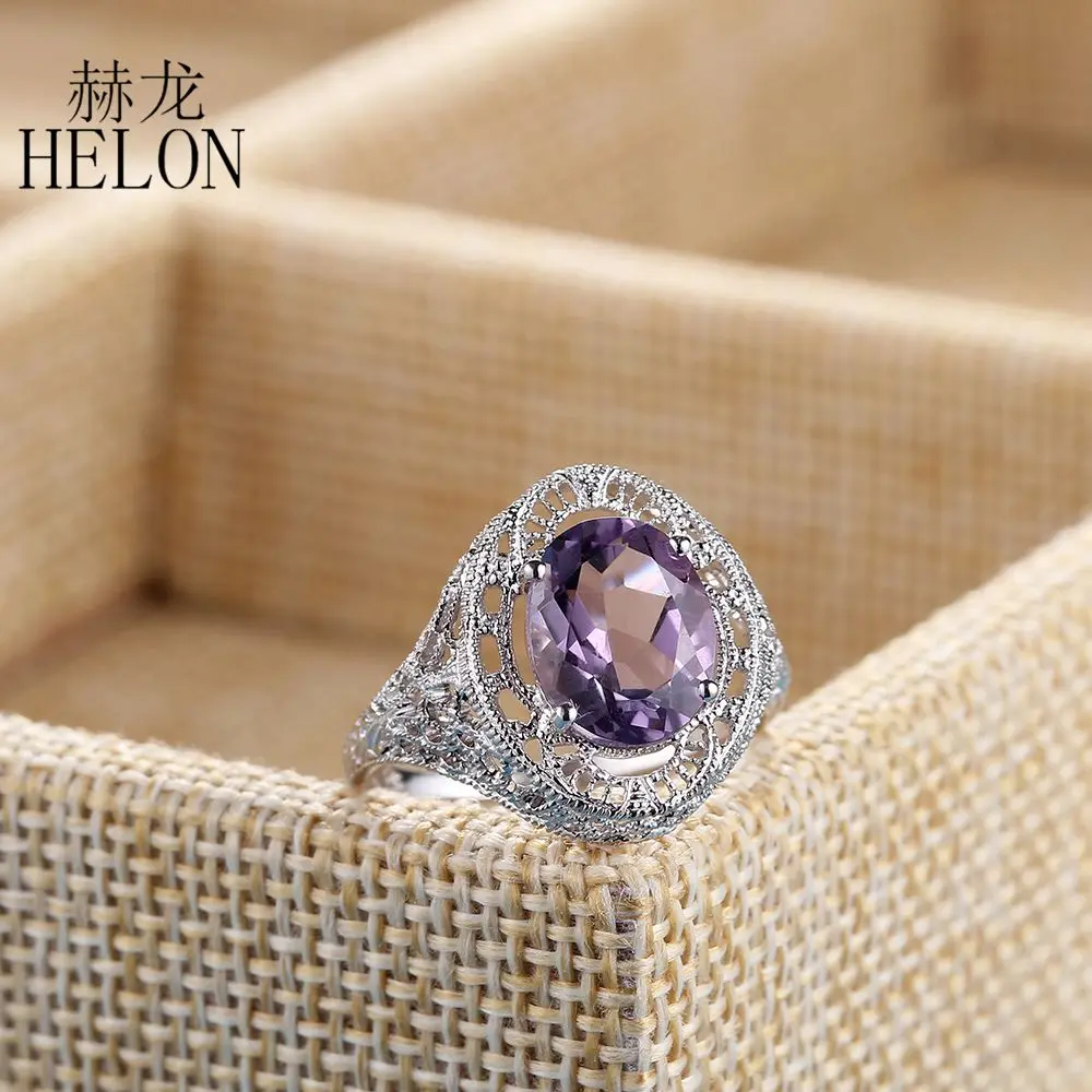

HELON Solid 10K White Gold Flawless Oval 2.7ct Natural Amethyst Vintage Antique Engagement Wedding Women Party Jewelry Fine Ring