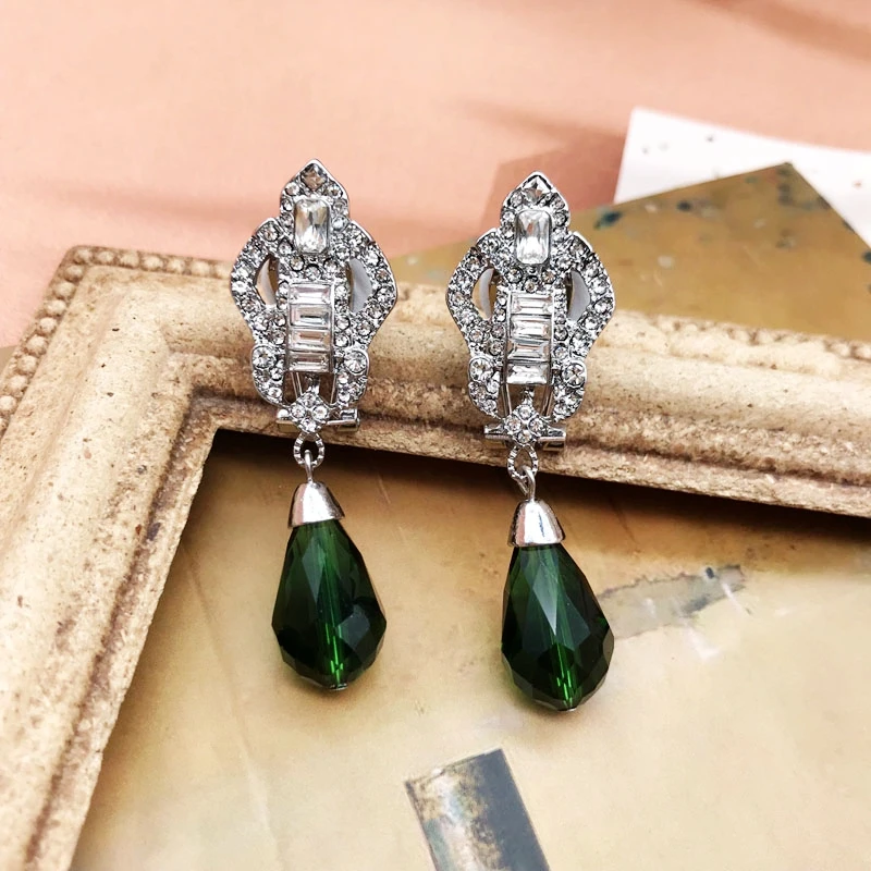 Elegant Earrings Green Pendant Drop Rhinestone Retro Jewelry For Women's Party Gifts