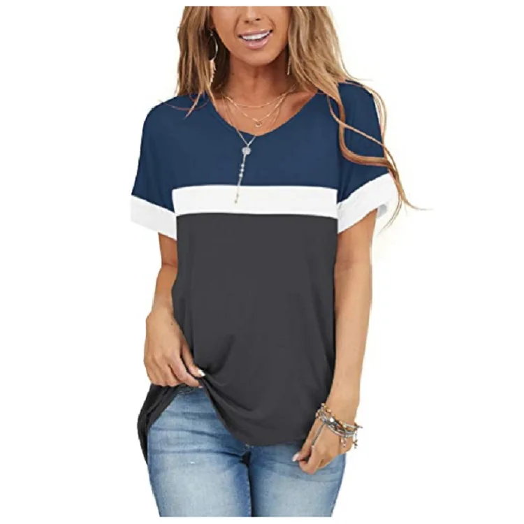 

DaDa Shirts for Women Solid Color Round Neck Short-sleeved Contrast Stitching T-shirt Top