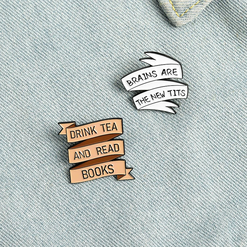 

Phrase Ribbon Banner Enamel Pins Book and Tea Relax Your Brain Brooches Lapel Badges Wholesale Pin Jewelry Gifts for Friend