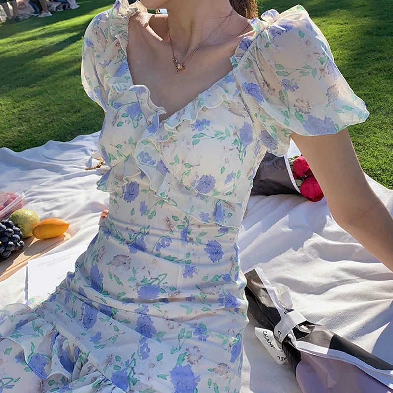 

Summer Vintage Floral Dress Women Elegant Fairy Lace-up Party Ruffle Dress Female Casual Evening Holiday Beach Dress 2021 Korean