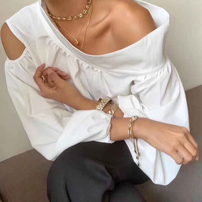 GALCAUR Sexy Irregular Shirt For Women Skew Collar Off Shoulder Lantern Sleeve Hollow Out Blouse Female Fashion Summer