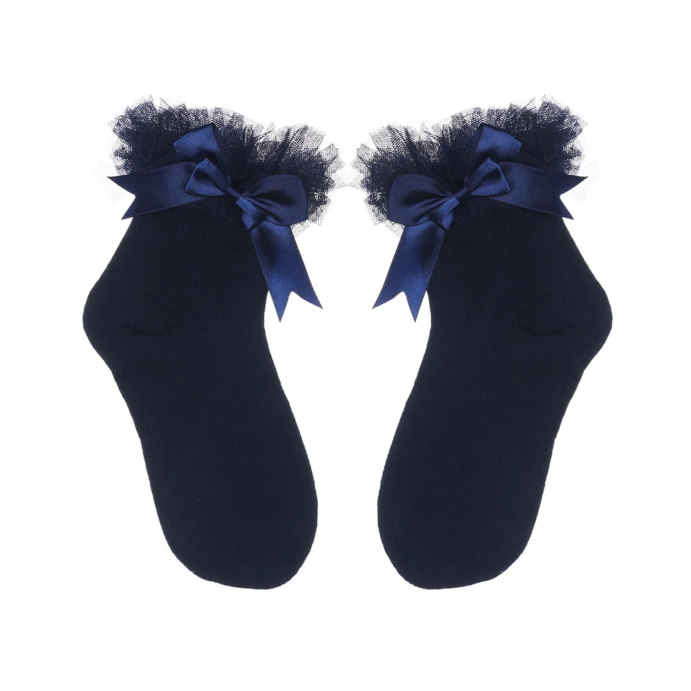 navy blue Кружевные носки-пачки с оборками и бантом для маленьких девочек Однотонные хлопковые носки для новорожденных мягкие дышащие носки до щиколотки - Цвет: navy blue