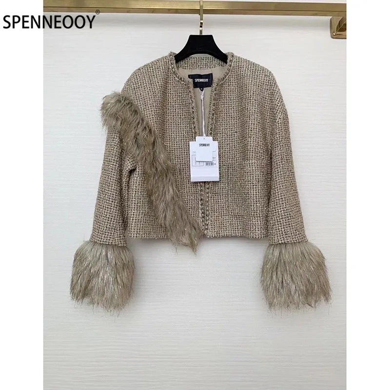 

Женское твидовое пальто SPENNEOOY, дизайнерское Брендовое пальто с золотой линией, короткая верхняя одежда на осень и зиму, 2021