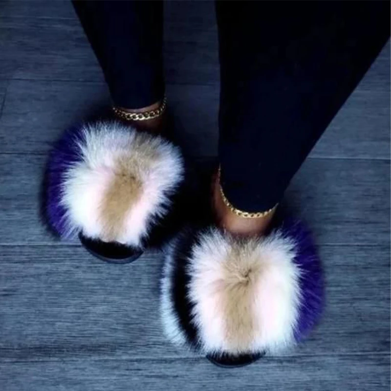 

Luxury Summer Woman Fur Sandals Soft Striped Furry Slide S Fluffy Fox Fur Slippers Designer Flip Flops Outdoor Flat Ladies Shoes