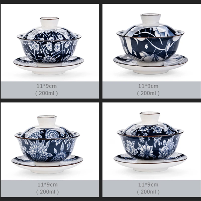 Gaiwan керамическая чашка для чая с крышкой блюдца набор синий и белый фарфор чай