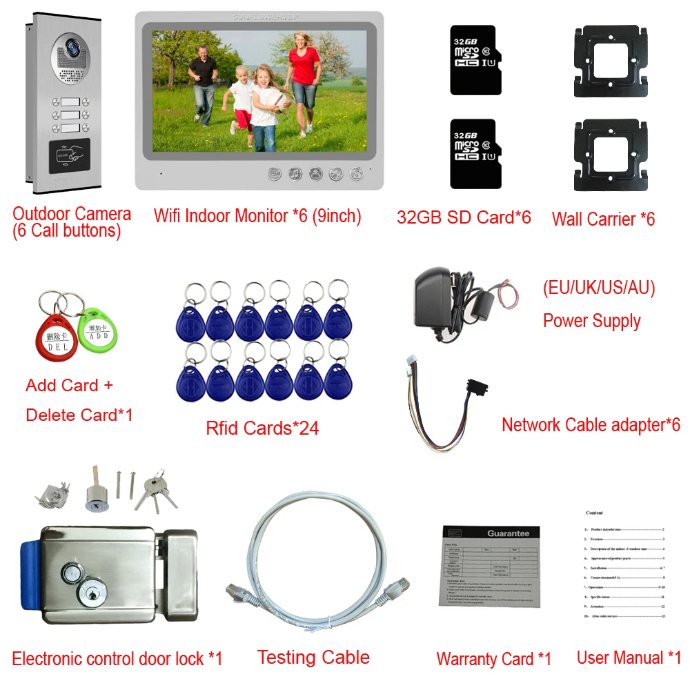 Video Intercom With Recording 32GB Wifi 9” Home Intercom 6 Apartments Security Door Entry Rfid Camera Web Wire Connection+ Lock