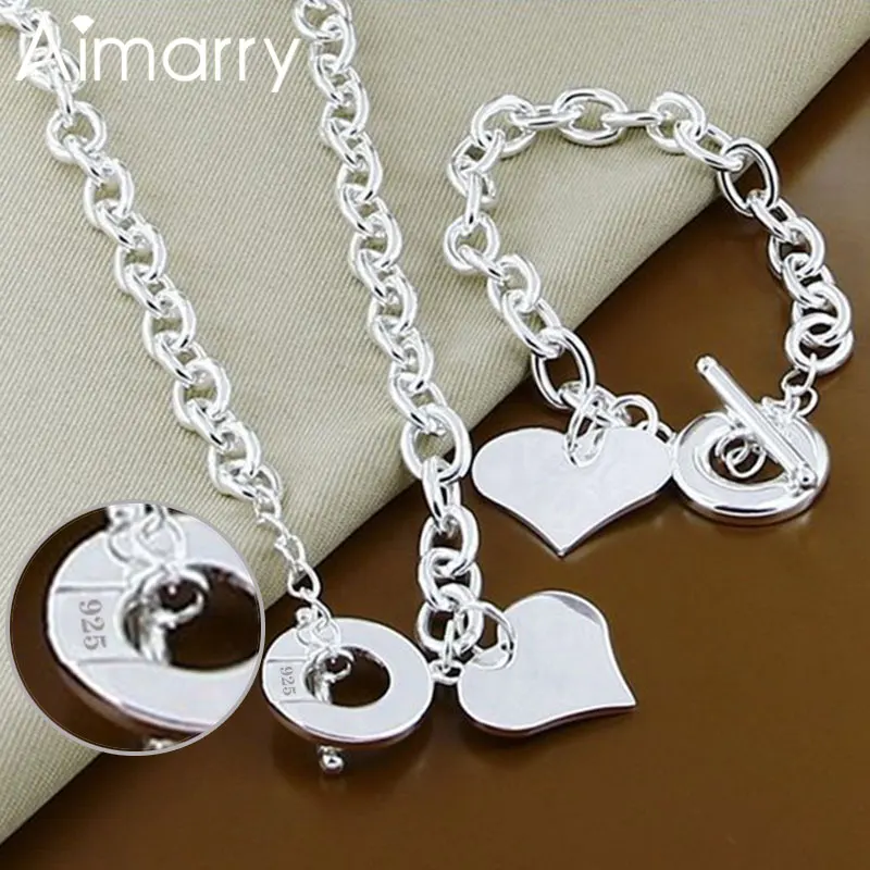 

Aimarry 925 Sterling Silver Heart TO Chain Necklace Bracelet Charm Jewelry Sets For Women Wedding Gift Fashion Jewelry
