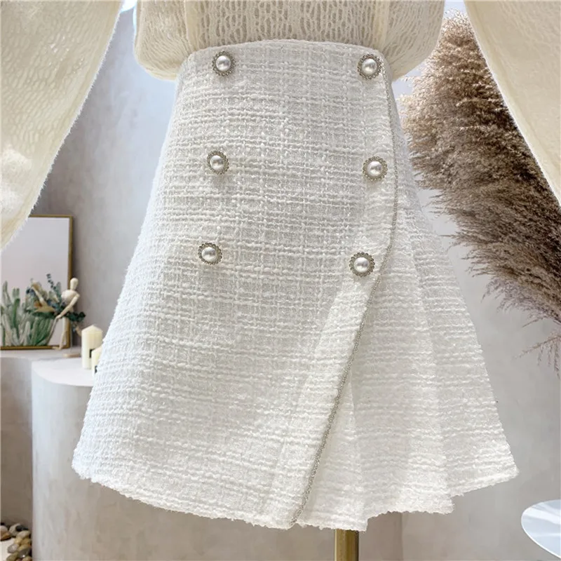 

Новая женская одежда нишевого дизайна осень-зима 2021 твидовая двубортная плиссированная юбка трапециевидной формы с высокой талией в стиле ...