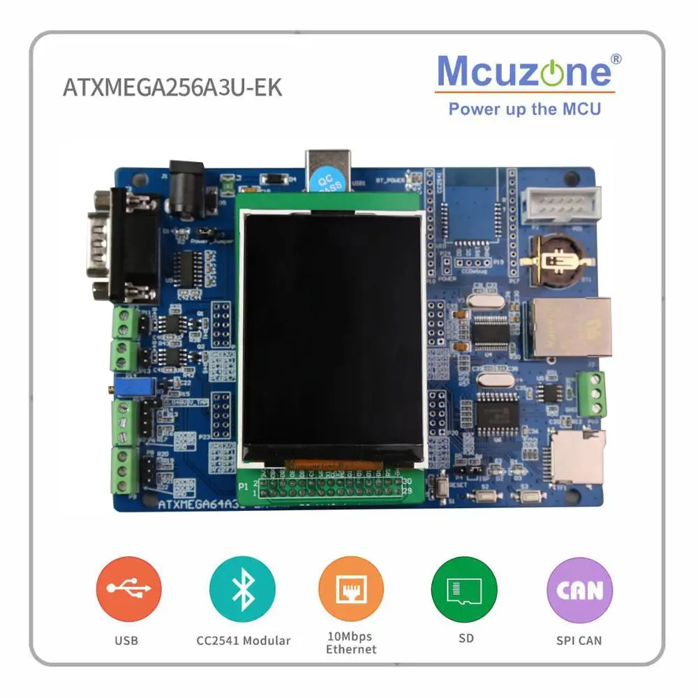 ATxmega256A3U-EK-T28 , 320*240 2.8LCD 12Bit ADC and DAC,7 USARTs, PDI, USB Device, XMEGA,  CAN, RTC