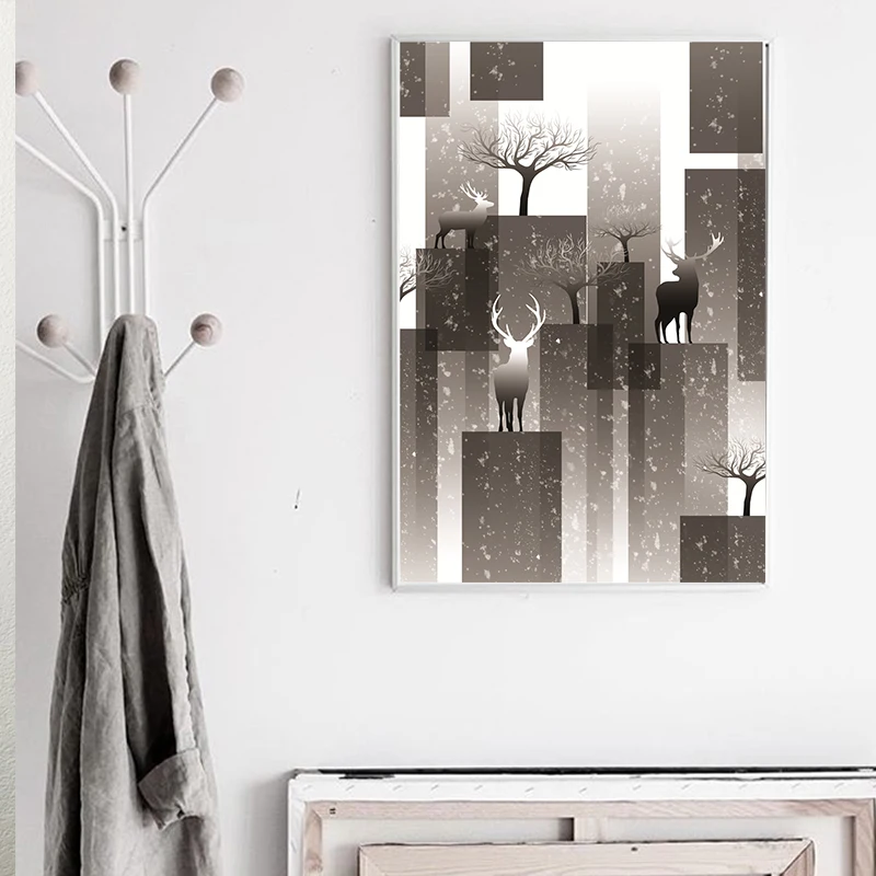 Абстрактная геометрическая живопись на холсте олень черно-белая цветная печать